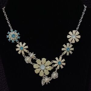 Vintage ICING Silver-toned Yellow, Blue, Faux Pearl Flower Necklace, 16"